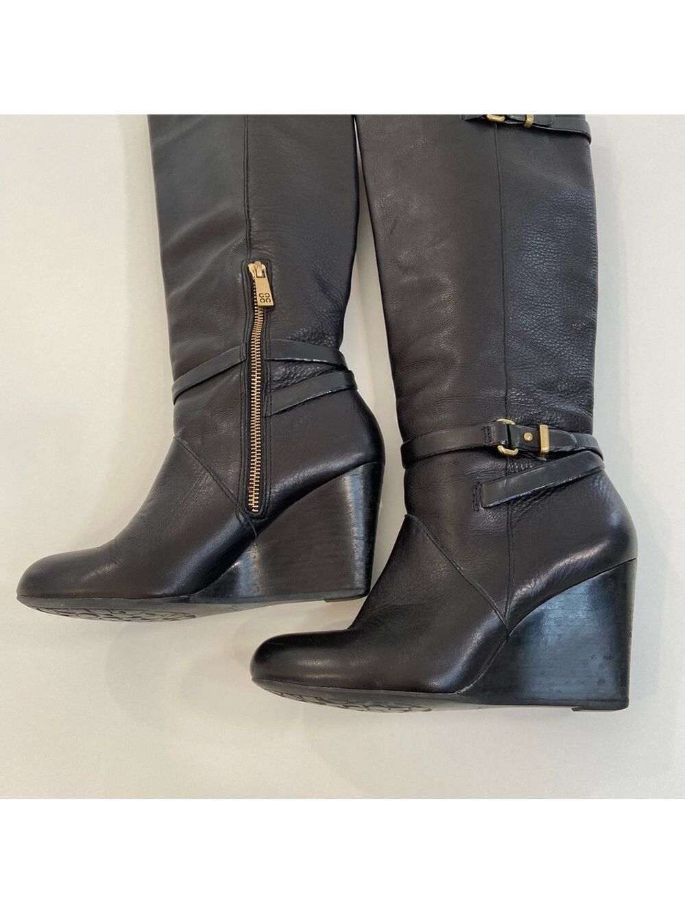 Coach Adair Tall Wedge Boots Black Leather Gold-Tone Hardware Round Toe Women’s